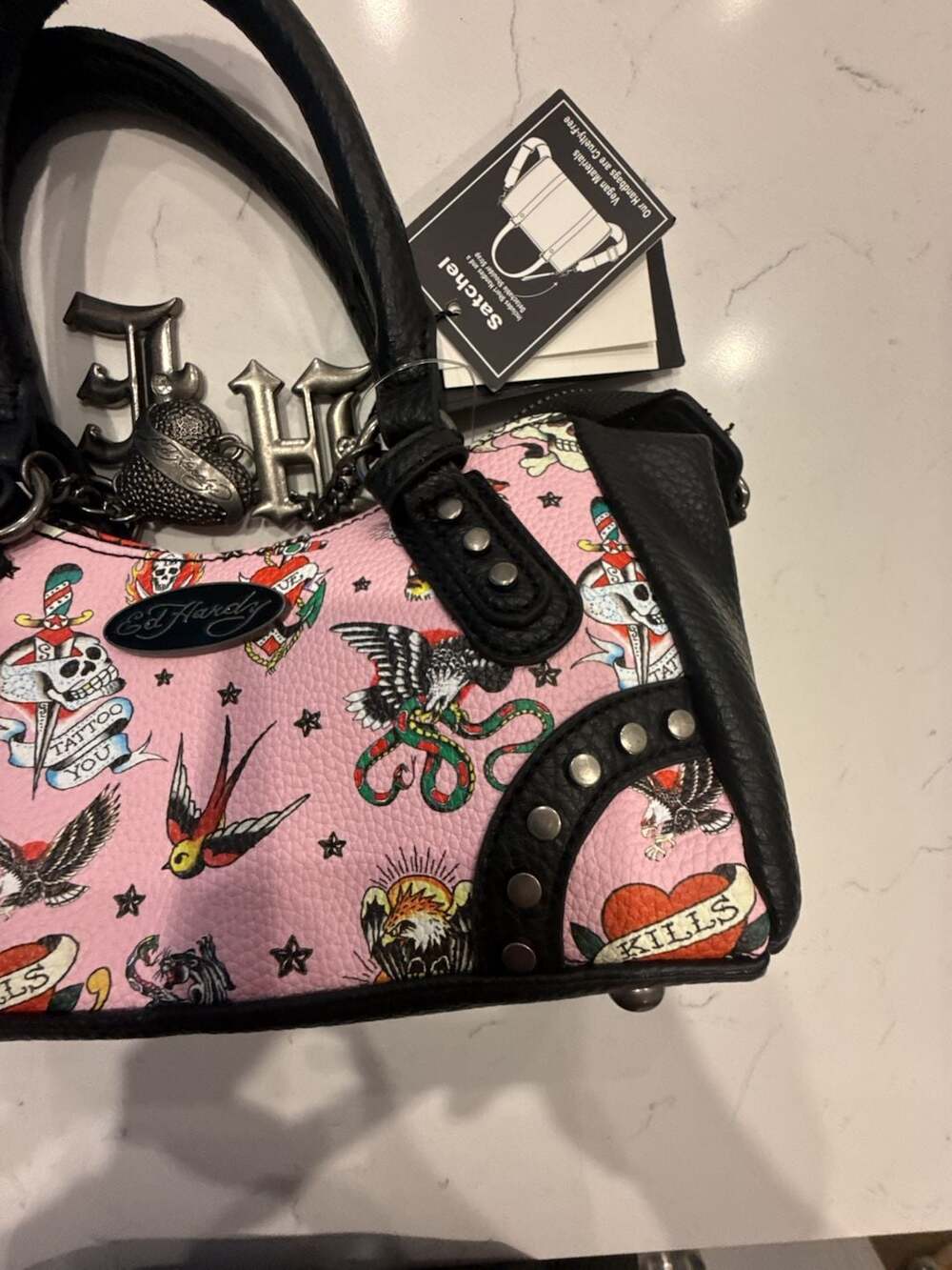 Ed Hardy Pink Tattoo Print Vegan Leather Studded Small Satchel Bag NWT - Picture 4 of 13